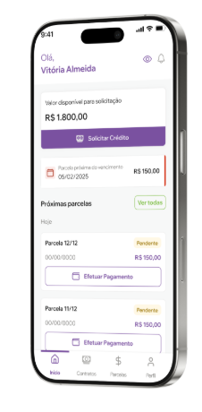 Tela inicial do app CredBoa, com valor disponível e próximas parcelas.