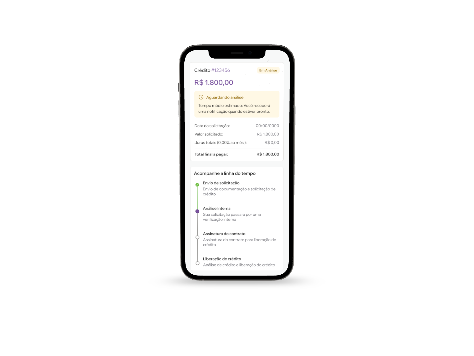 Tela do aplicativo CredBoa exibindo uma solicitação de crédito em análise, com valor e linha do tempo.